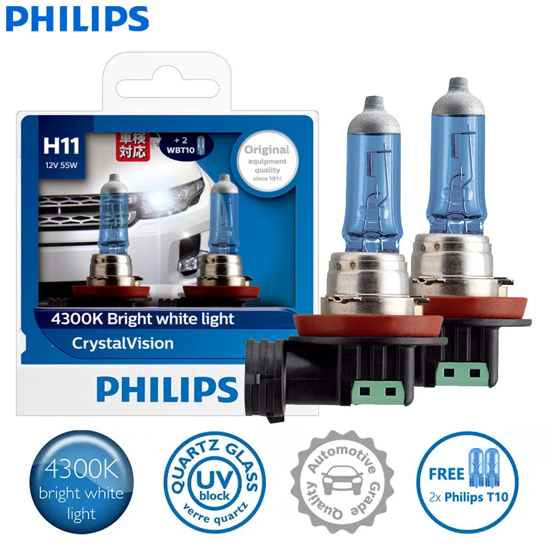 

Лампы для автомобильных фар Philips H11 12V 55W PGJ19-2 Crystal Vision 4300K, яркий белый свет, галогенные, с 2 лампами T10, 12362CVSM