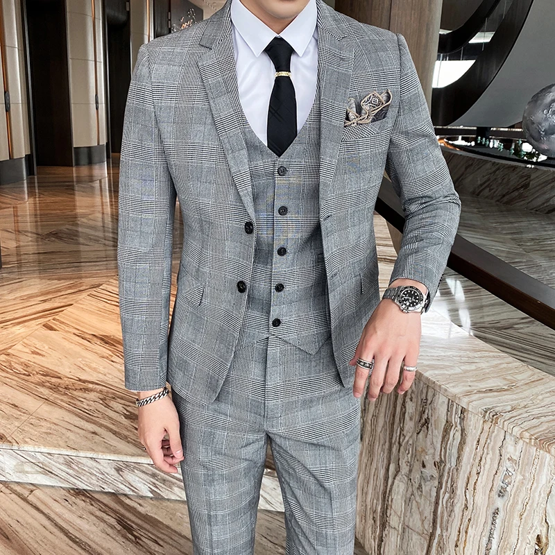 

(Blazer+Pants+Vest) Luxury Men Suit 3 Piece Set Fashion Boutique Lattice Groom Wedding Dress Men's Tuxedo Suit