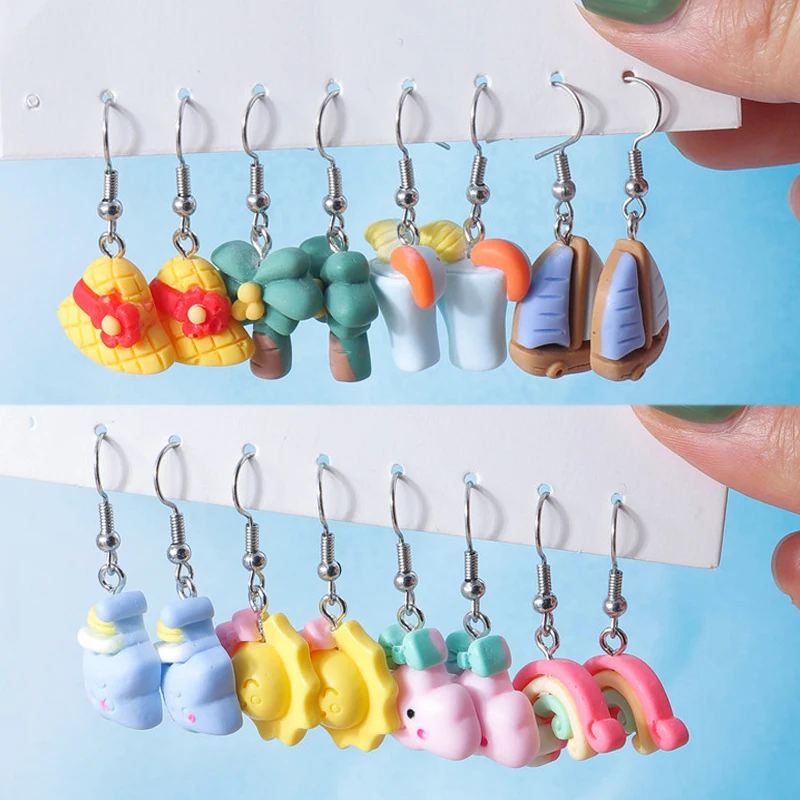 

New Summer Beach Earrings Set Cute Coconut Tree Hat Sun Cloud Star Rainbow Dangle Earrings for Women Kids Trendy Jewelry Gifts