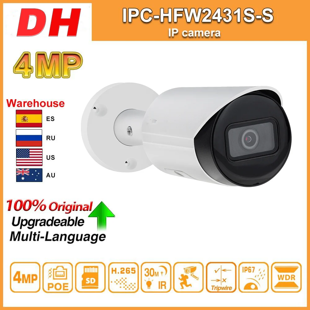 Pаспродажа Dahua оригинальный IPC-HFW2431S-S 4 МП HD POE SD слот для карты H.265 IP67 IK10 30 м ИК Starlight IVS WDR обновляемая Мини Пуля IP камера