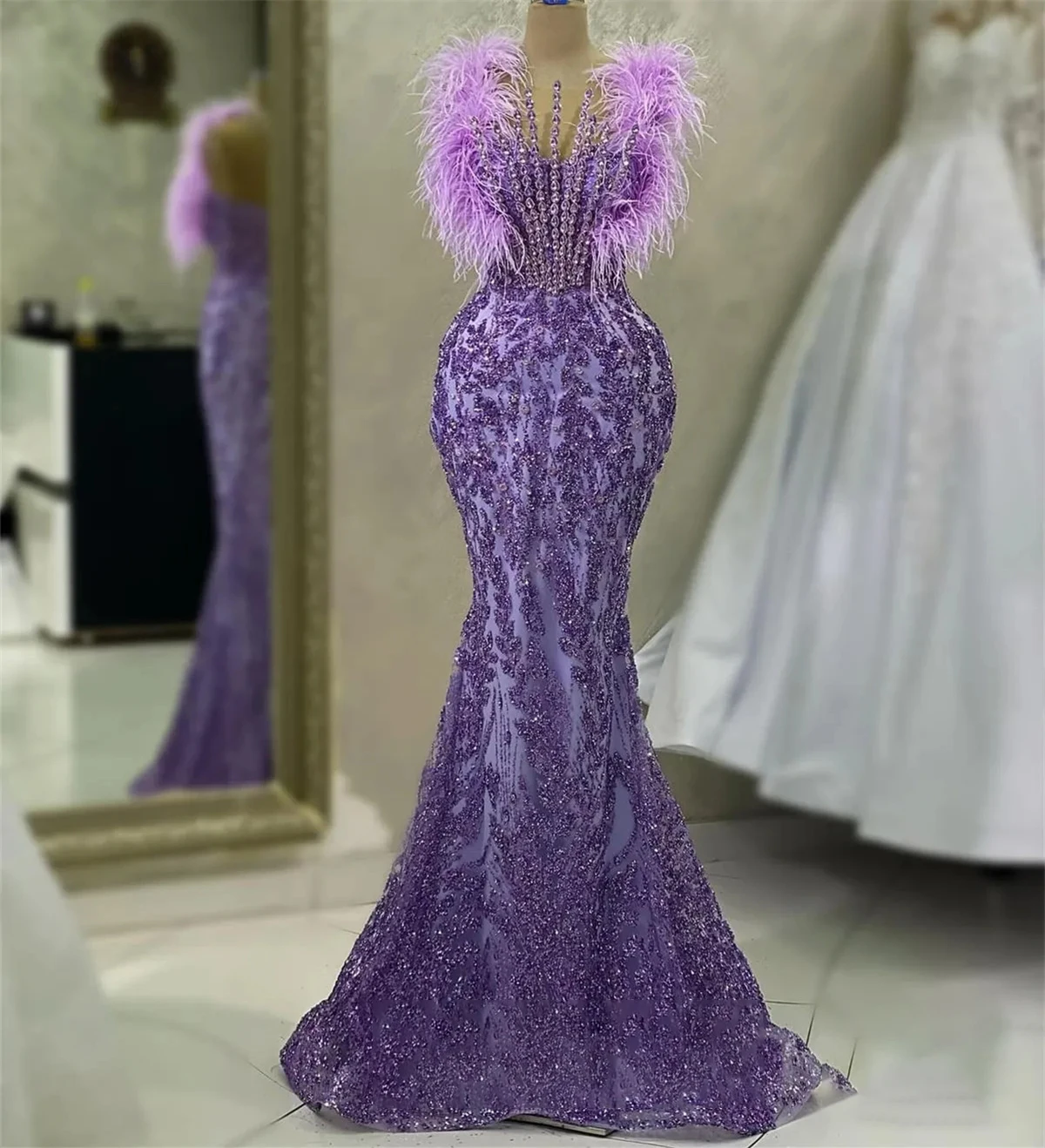 

Платье Русалка для выпускного вечера с перьями плечевой ремень кристалл алмаз аппликация кружева фиолетовый фон сексуальный великолепный на заказ свадьба