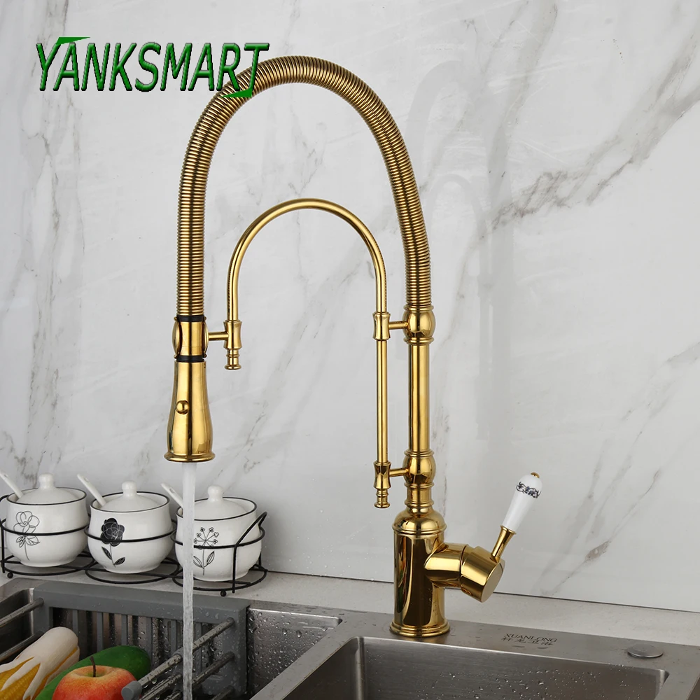 

YANKSMART Gold Kitchen Faucet Swivel Vessel Faucet W/ Pull Down 2 Ways Spring Spray Faucets Deck Mounted Washbasin Mixer Tap