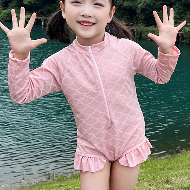 

Слитный купальный костюм для маленьких девочек с пышными короткими рукавами 2022, детский купальник с бантом спереди, монокини с оборками и в...