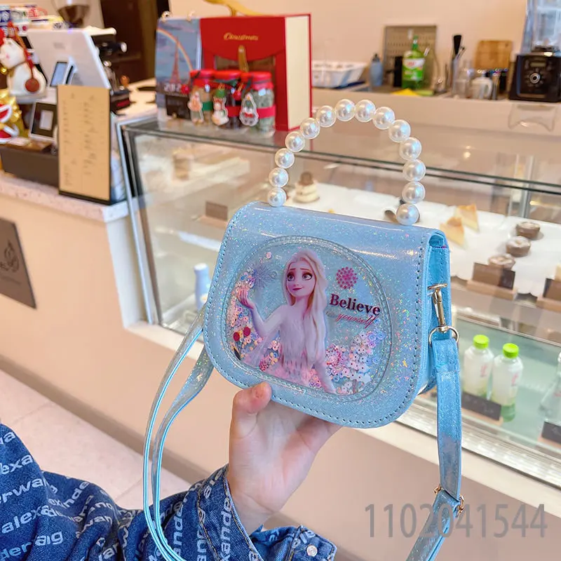 Disney Frozen Shoulder Bags for Girls Princess Elsa Cartoon PU Crossbody Bags with Pearl 3-6 Year Old Children's Handbag
