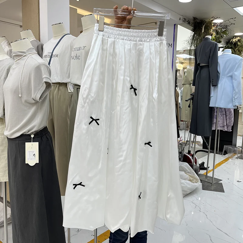 Юбка женская трапециевидная плиссированная с бантом и цветами