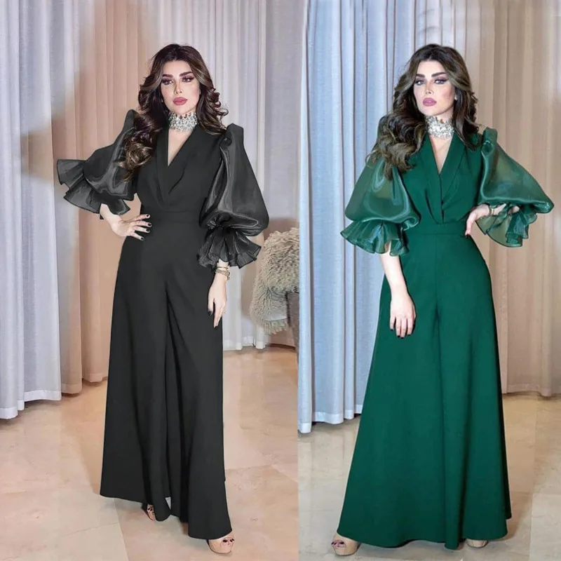 

2022 Europe and the United States new women's V-neck long-sleeved jumpsuit solid color wide-legged pants