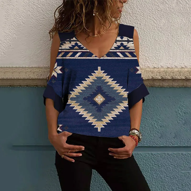 

Casual Plus Size S-5XL Graphic Print V-neck Off The Shoulder Tee Top Women National Style Loose Geometry T-shirt Streetwear 2022