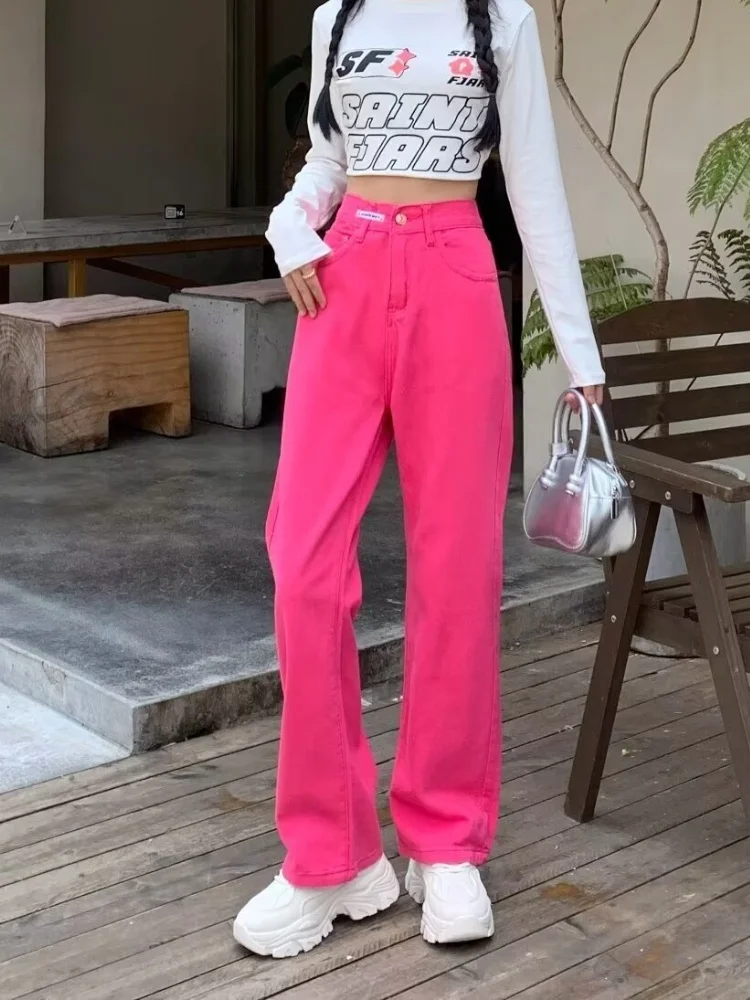 2024 Ropa Y2K модные розово-красные корейские повседневные узкие джинсы для женщин
