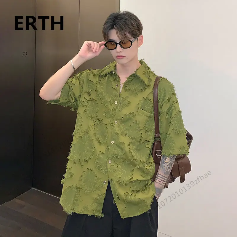 

Новая модная мужская рубашка ERTH, свободные нишевые однотонные Топы с коротким рукавом и отделкой заусенцев, весна 2023, модный мужской топ