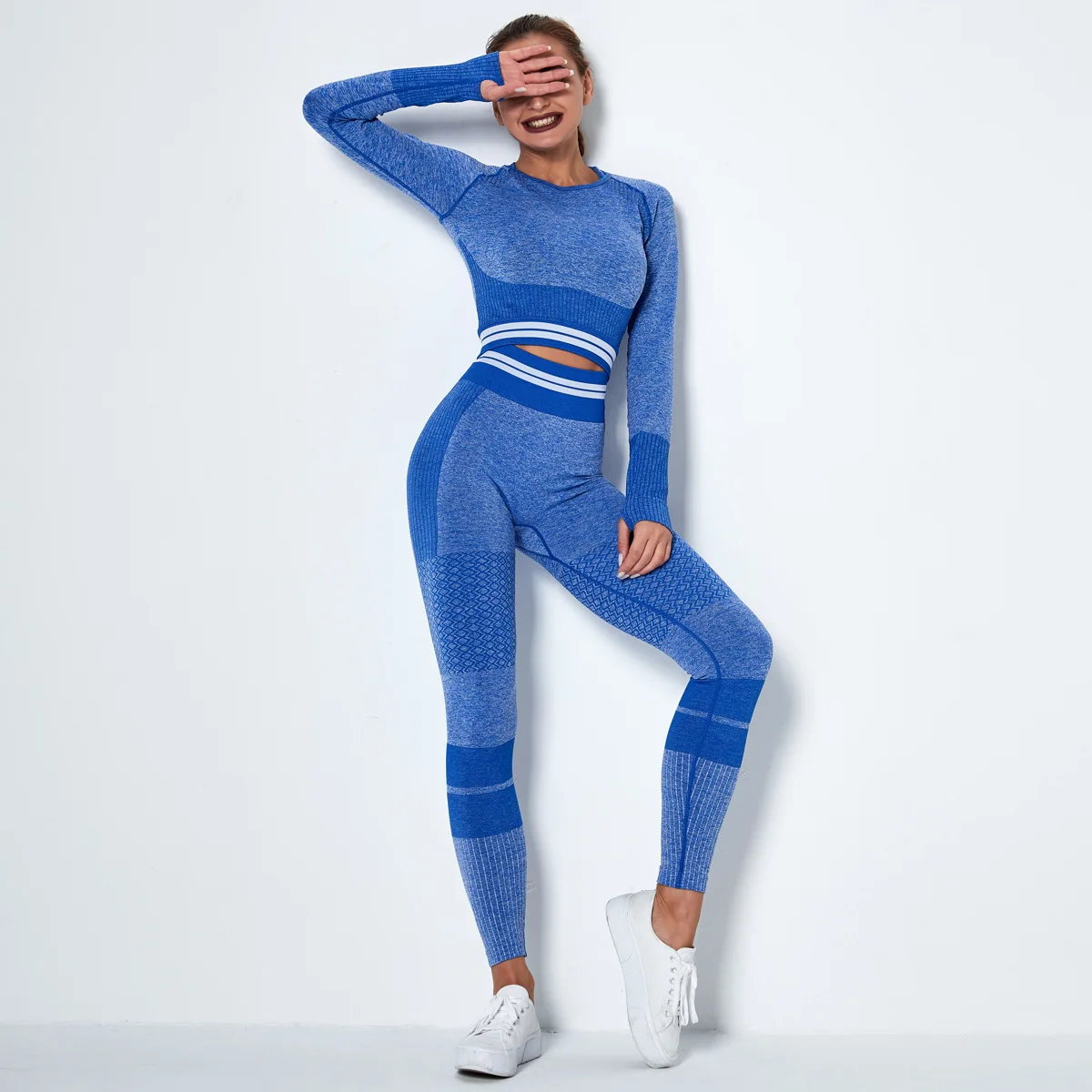 

Seamless Striped Yoga Set Sports Fitness High Waist Hip Raise Pants Long-Sleeve Suits Workout Clothes Gym Leggings Set for Women