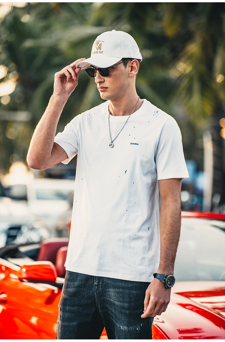 

YTX2893 мужская летняя Модная брендовая Повседневная Тяжелая хлопковая футболка с короткими рукавами и принтом брызг 220 г