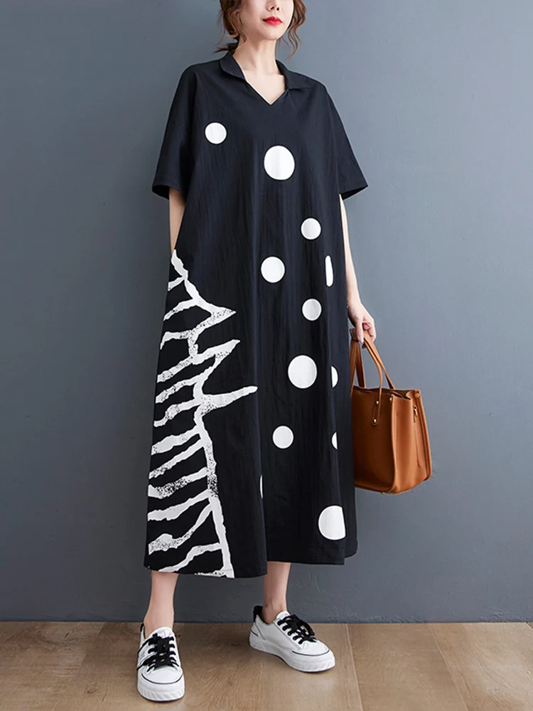 

Black Vintage Cotton Polka Dot Print Dresses For Women Short Sleeve Loose Casual Long Summer Dress Fashion Elegant Clothing 2022
