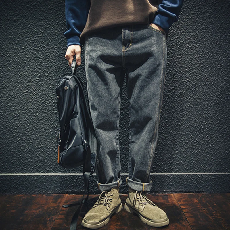 

Men Clothing Autumn and Winter New Straight Loose Cylinder Jeans Vintage Splicing Comfortable Black Grey Harun Trousers Female