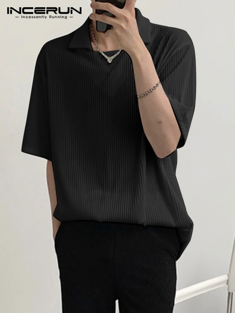 

Fashionable New Men Pleated Casual Tops INCERUN Handsome Male Simple Solid Color Blouse Short Sleeve Lapel Pullover Shirts S-5XL