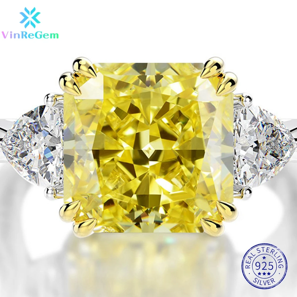 

Vinregem 925 Sterling Silver 11CT Citrine Sapphire Created Moissanite Gemstone Wedding Engagement Rings Fine Jewelry Wholesale