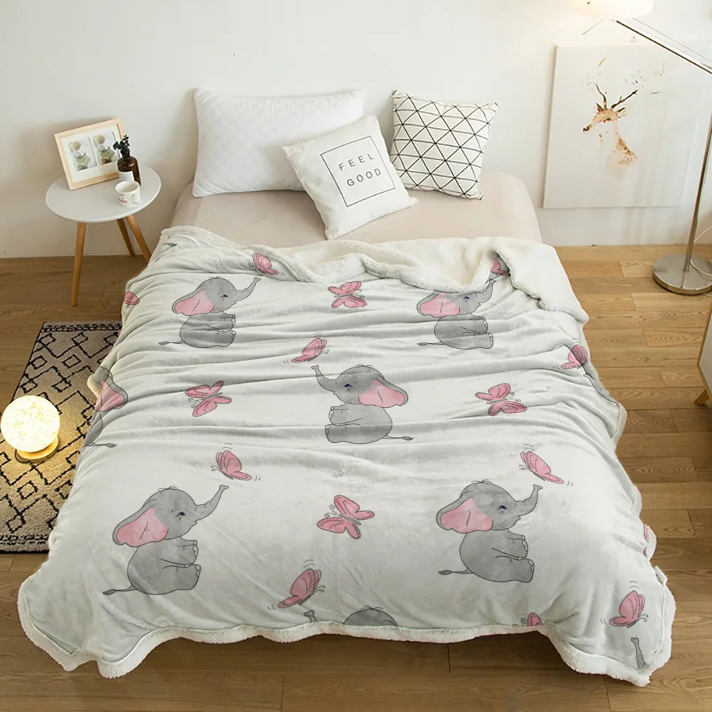 

Butterfly Cartoon Africa Elephant White Lamb Cashmere Fleece Blanket Home Bed Sofa Winter Sherpa Bedding Kids Thick Bedspread