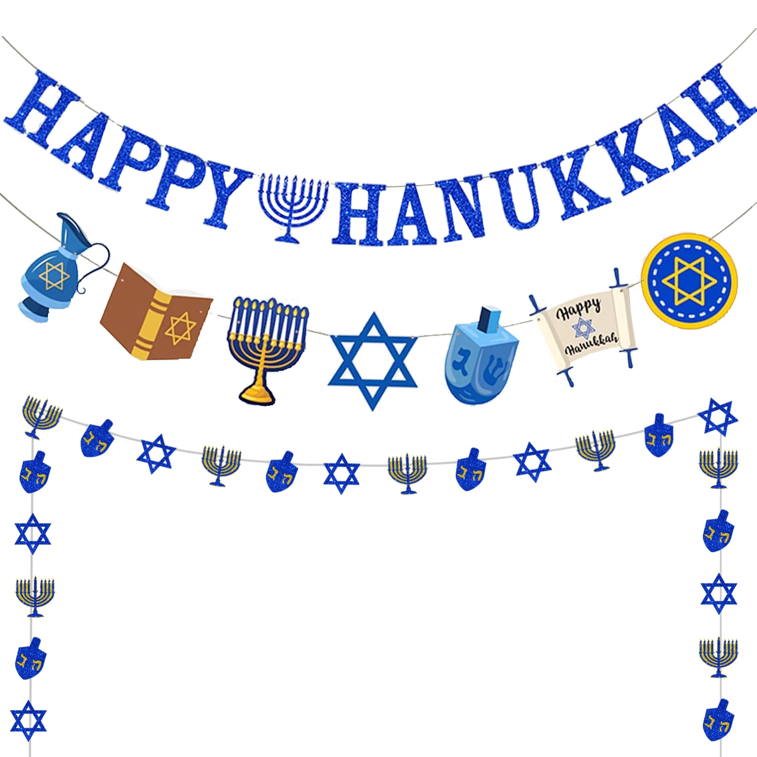 

JOYMEMO Blue Happy Hanukkah Glitter Banner Hanukkah Decorations Jewish Chanukah Paper Garland Festival Party Home Decor