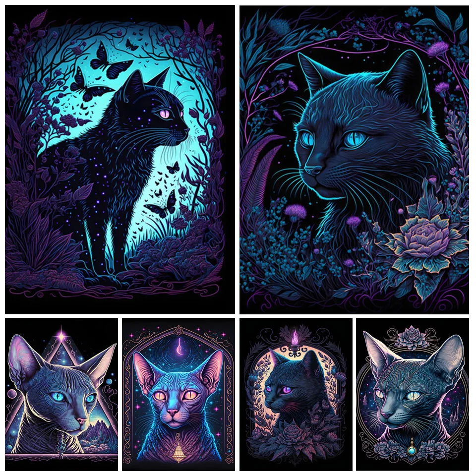 

Black Flower Light Cat 5D DIY Diamond Painting Sphinx Diamond Mosaic Animal Cross Stitch Embroidery Needlework Home Decor WE1340