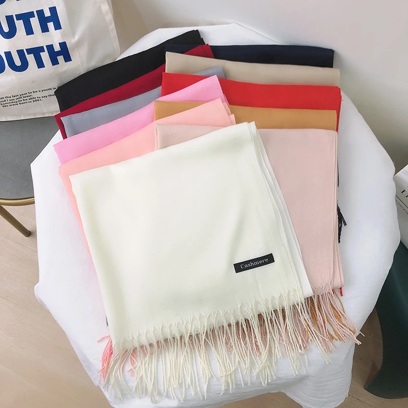 

2022 Solid Color Hijabs Cashmere Scarf Women Winter Warm Long Shawls And Wraps Hijab Scarves Pashmina Tassels Thin Headband