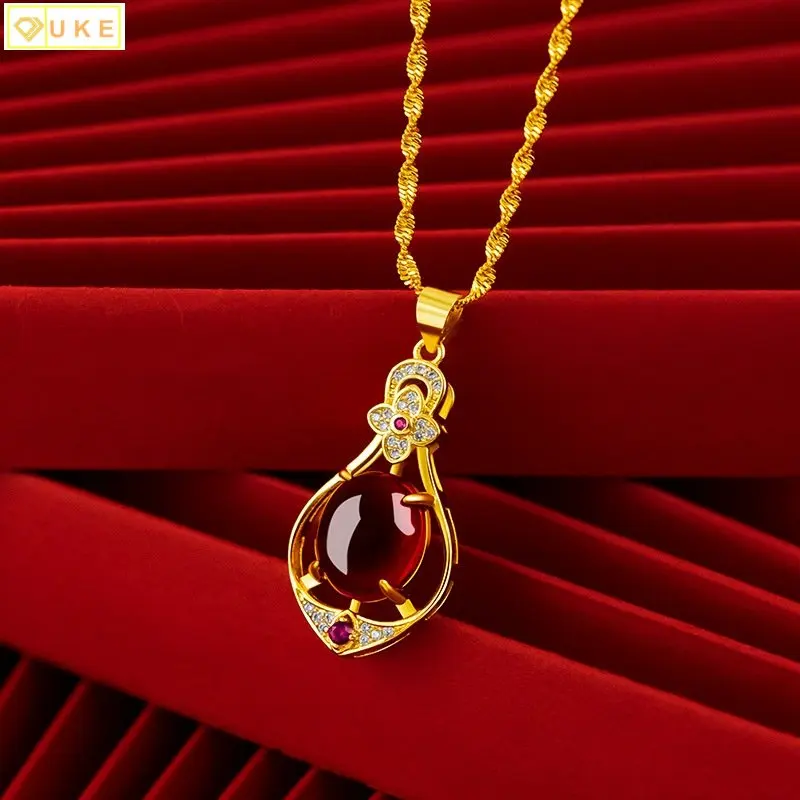 

Женское ожерелье с подвеской из красного кристалла в форме капли воды, позолоченная цепочка из натурального 24-каратного золота длиной 45 см, шерстяная цепочка, подвеска с изображением четырехлистного клевера и рубина, подарок для женщин
