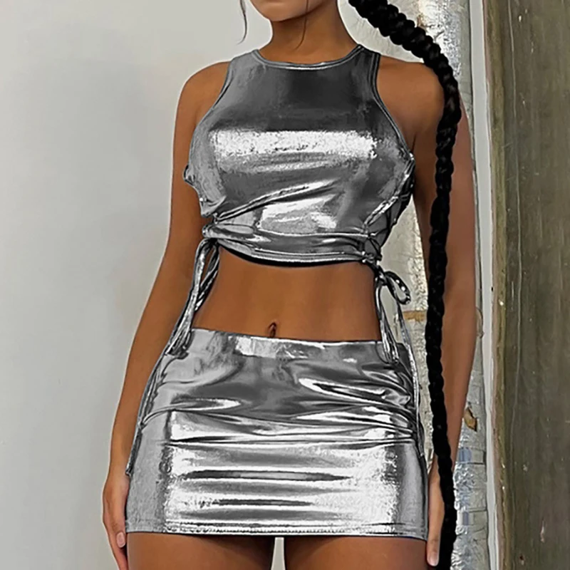 

Женский комплект из двух предметов, облегающий топ без рукавов на завязках и мини-юбка, блестящий облегающий костюм в уличном стиле