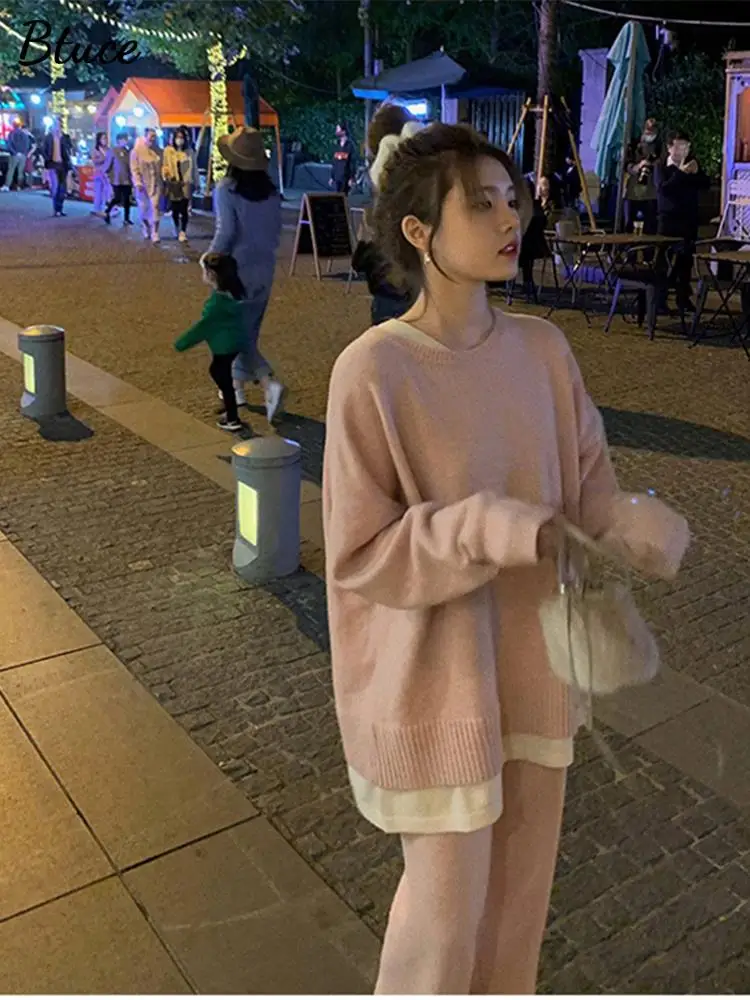 

Women O-veck Knitted Suit Elegant Color Matching Pullovers Wide Leg Pants 2 Piece Set 2022 Autumn Winter Female Stresswear Suits