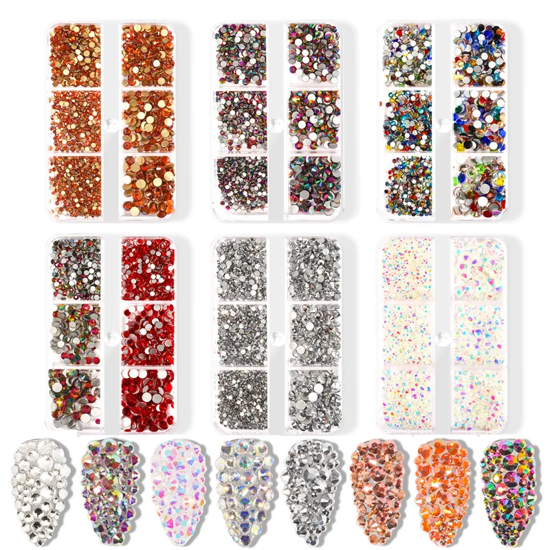 

6 Grid/Box Flat Bottom Acrylic Nail Art Accessories for DIY Decoration Fashion Mixed Size Nails Rhinestone for Manicure Design