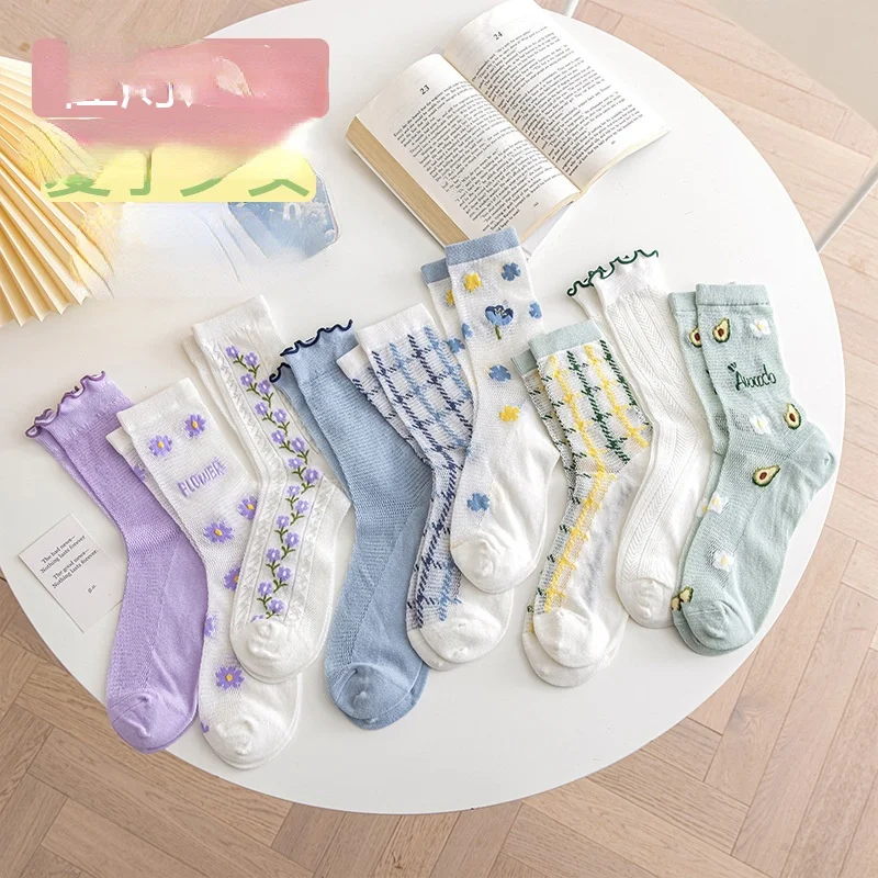 

SP&CITY 3pairs Summer Flower Embroidery Lace Women's Short Socks Hollow Out Breathable Mesh Socks Transparent Casual Street Sock