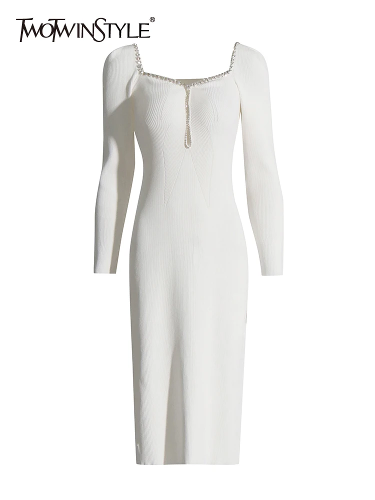 

TWOTWINSTYLE Solid Slimming Patchwork Diamonds Hollow Out Dresses For Women Square Collar Long Sleeve High Waist Dress Female