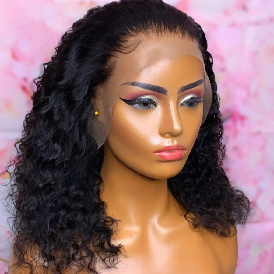 

Natural Black Soft 16Inch 180 Density Short Bob Kinky Curly Lace Front Wig For Women With BabyHair HeatResistant Daily Deep Part