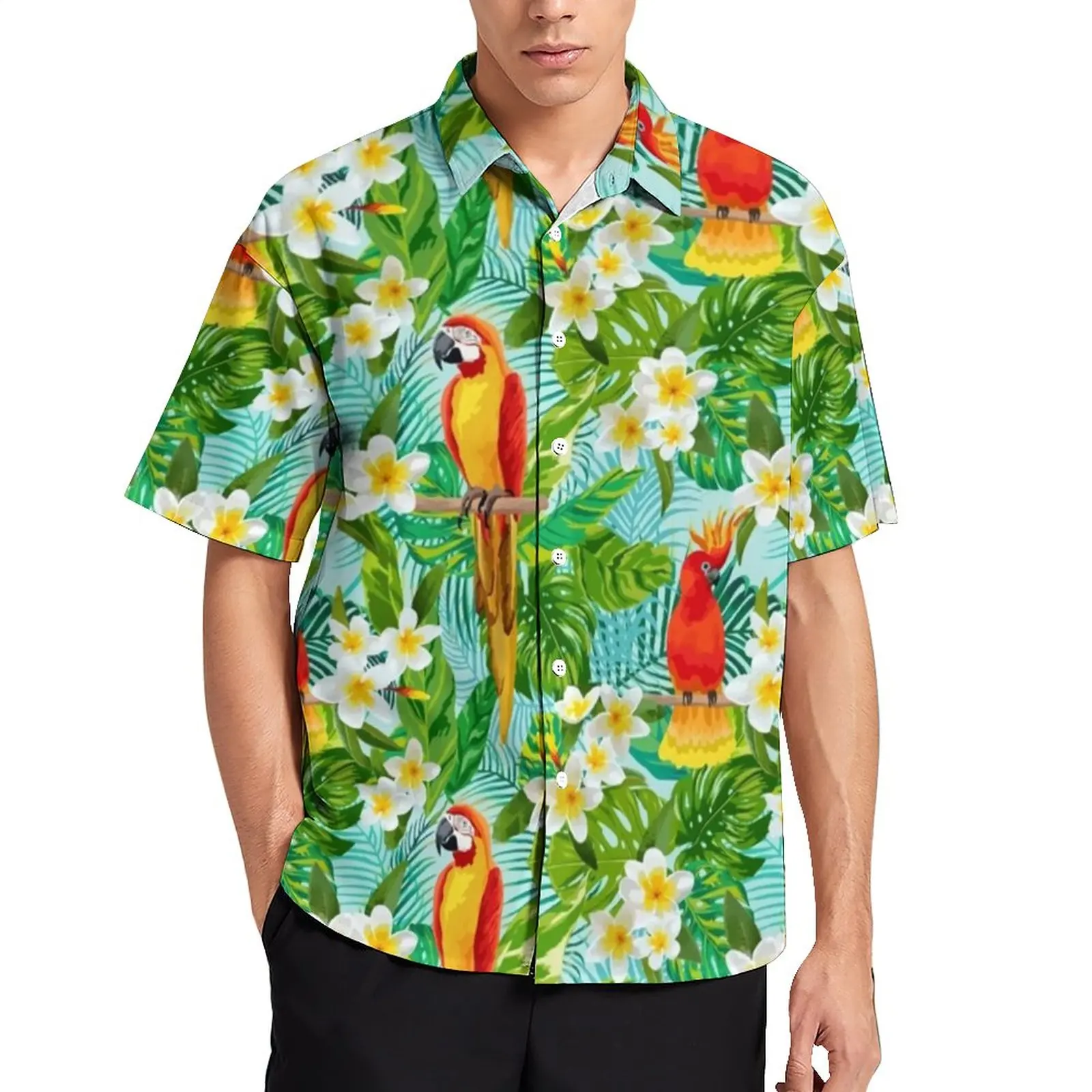 

Tropical Parrot Vacation Shirt Floral Leaves Print Hawaiian Casual Shirts Man Trendy Blouses Short-Sleeve Pattern Tops Big Size