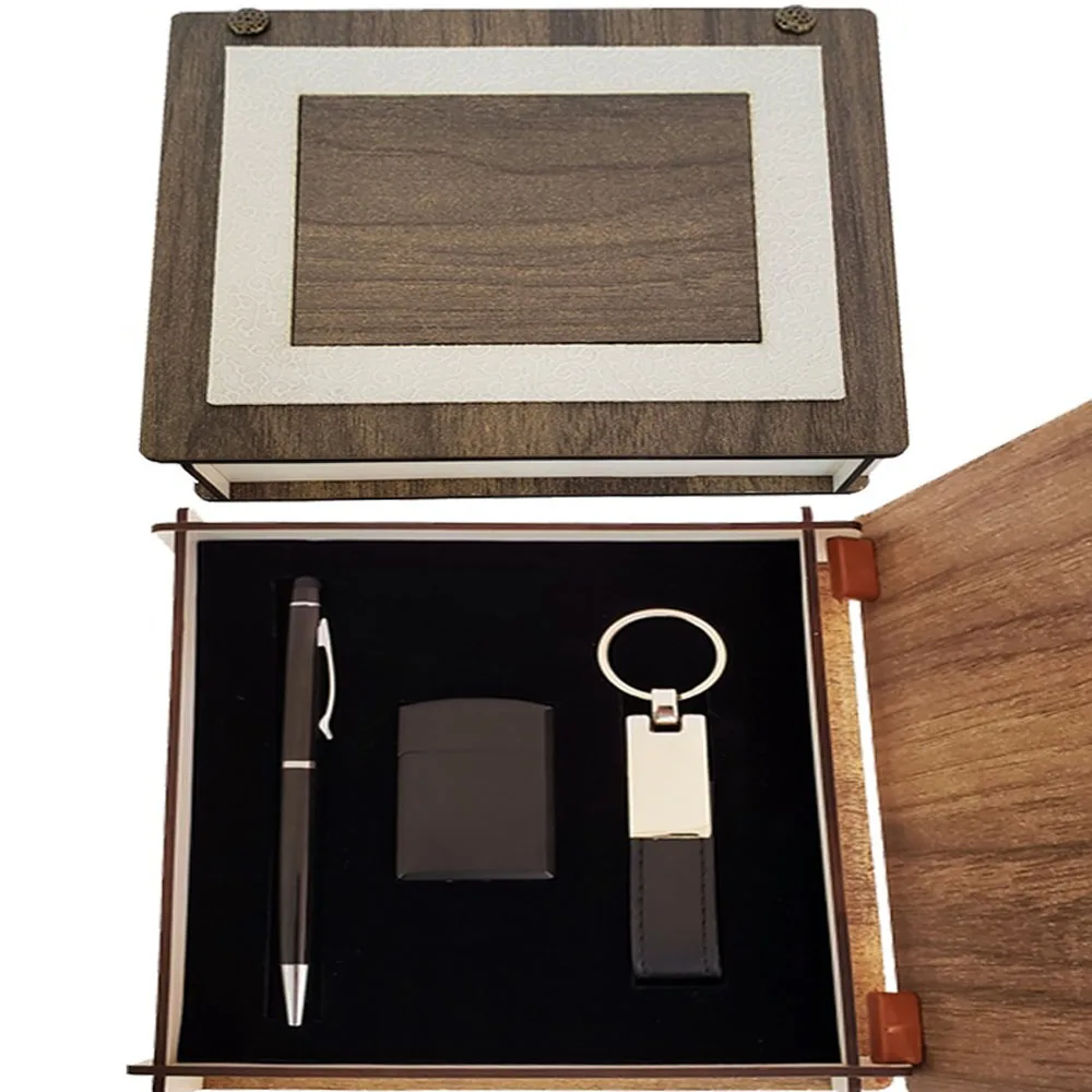 

Custom Wood Boxed Black Keychain Pen And lighter Set