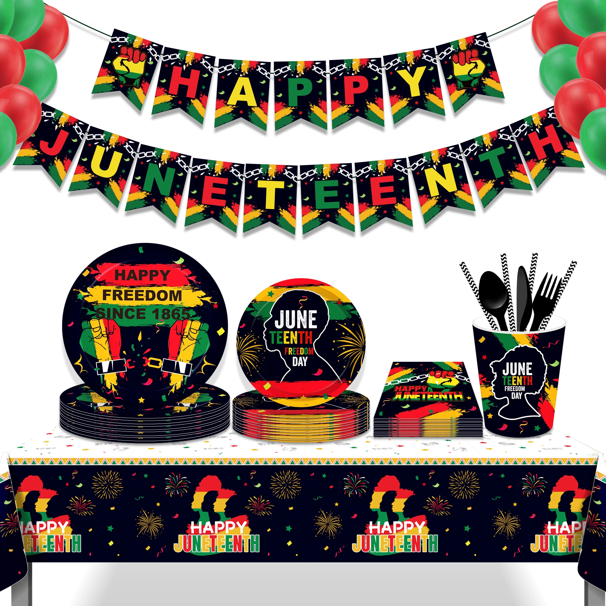 Black 1865 Happy Juneteenth Day Freedom Party Disposable Tableware Sets Plates Tablecovers Photo Props Black Month Day Supplies