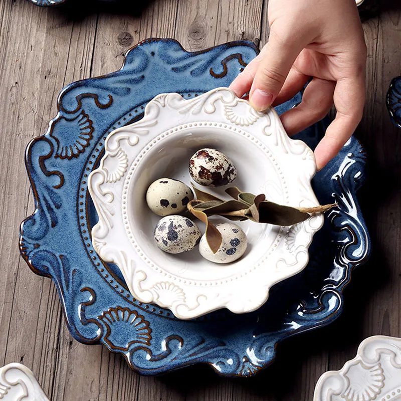 

European Relief Ceramic Plates and Bowls Baroque Vintage Carving Craft Dinner Plate Salad Bowl Afternoon Tea Dessert Tableware