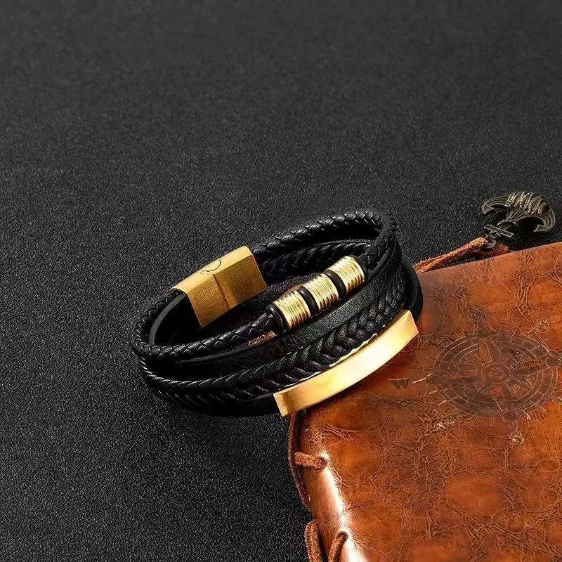 

New Multilayer Leather Magnetic Buckle Bracelet Hand Braided Black Leather Cuff Bracelet Men's Charm Casual Jewelry Gift