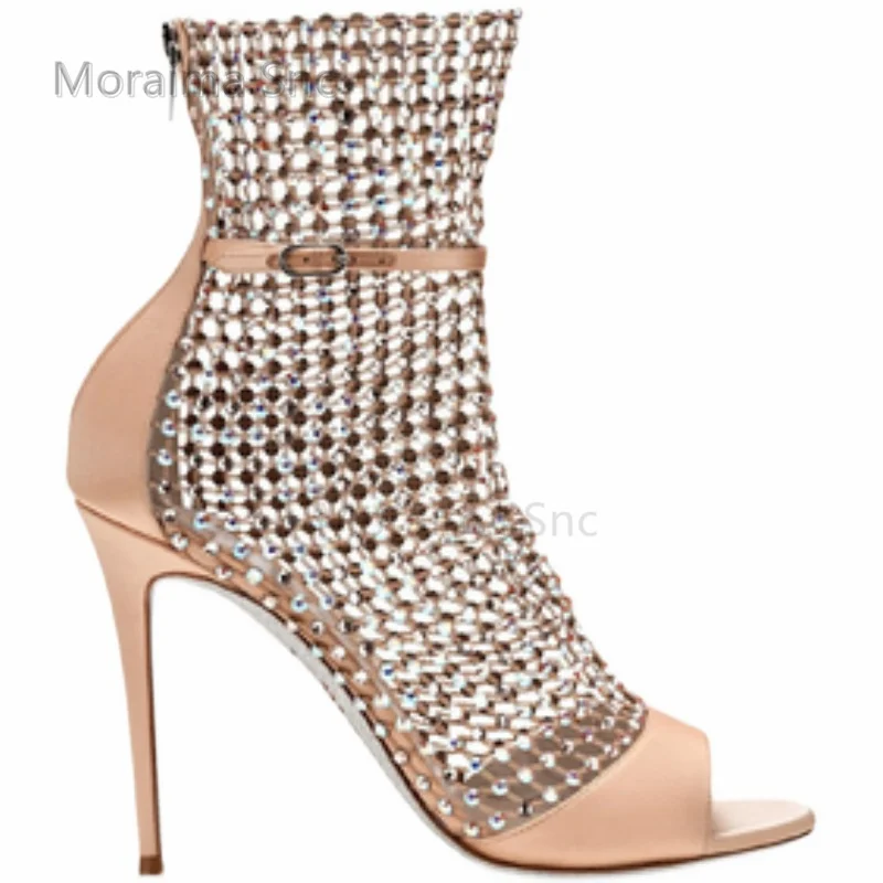 Peep Toe Mesh Sandals Boots Stiletto Women's Summer 2023 New Rhinestone Hollowed Out High Heels Ankle Boots Party Shoes Female