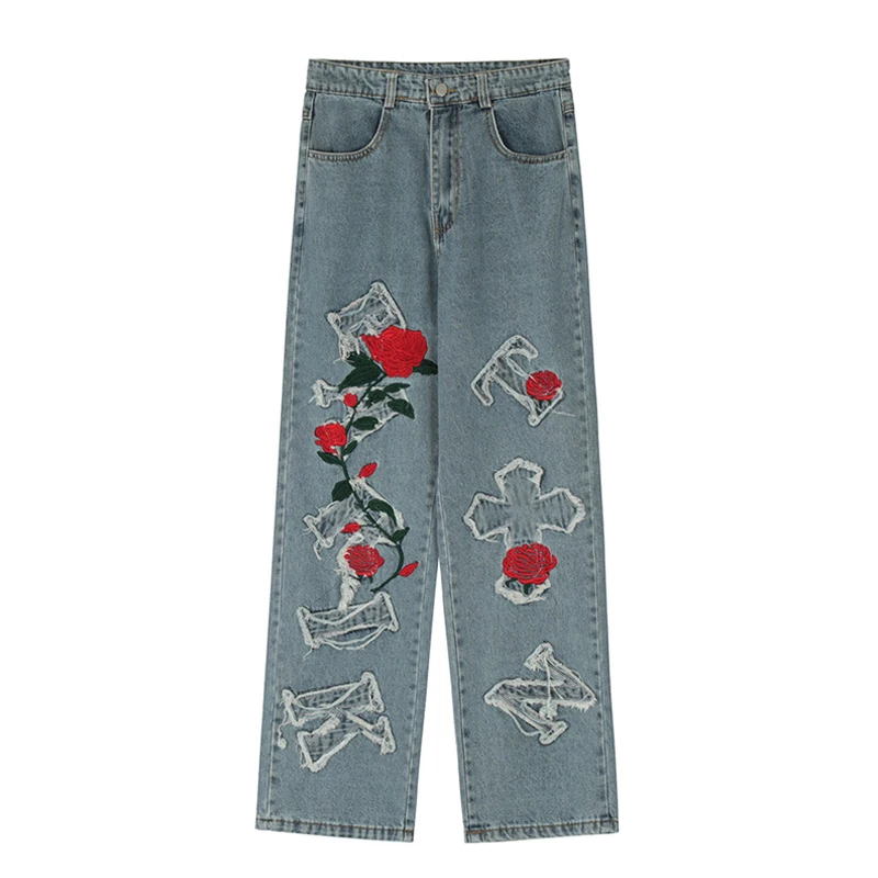 Korean Style Streetwear Rose Cross Embroidered Men Jeans Trousers Y2k Vintage Distressed High Street Loose Straight Denim Pants