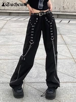 suchcute dark academic hook ribbon patchwork pants with chain women gothic zipper low rise trousers streetwear punk baggy pant