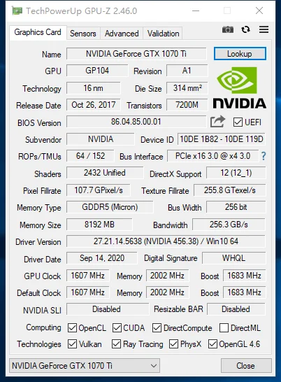 Видеокарта Mllse gtx 1070ti 8 Гб игровой графический процессор GDDR5 256bit 8000 МГц Частота