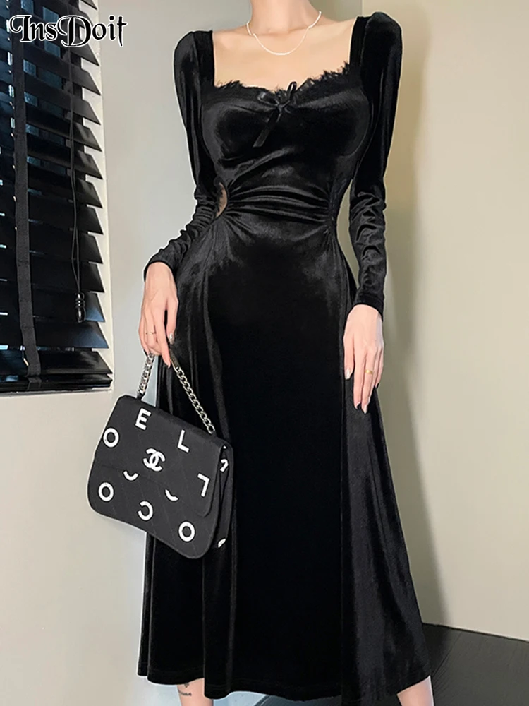 

InsDoit Gothic Sexy Velvet Dress Elegant Square Collar Women Bow Long Sleeve Bodycon Punk Rave Party Clubwear Aesthetic Robe