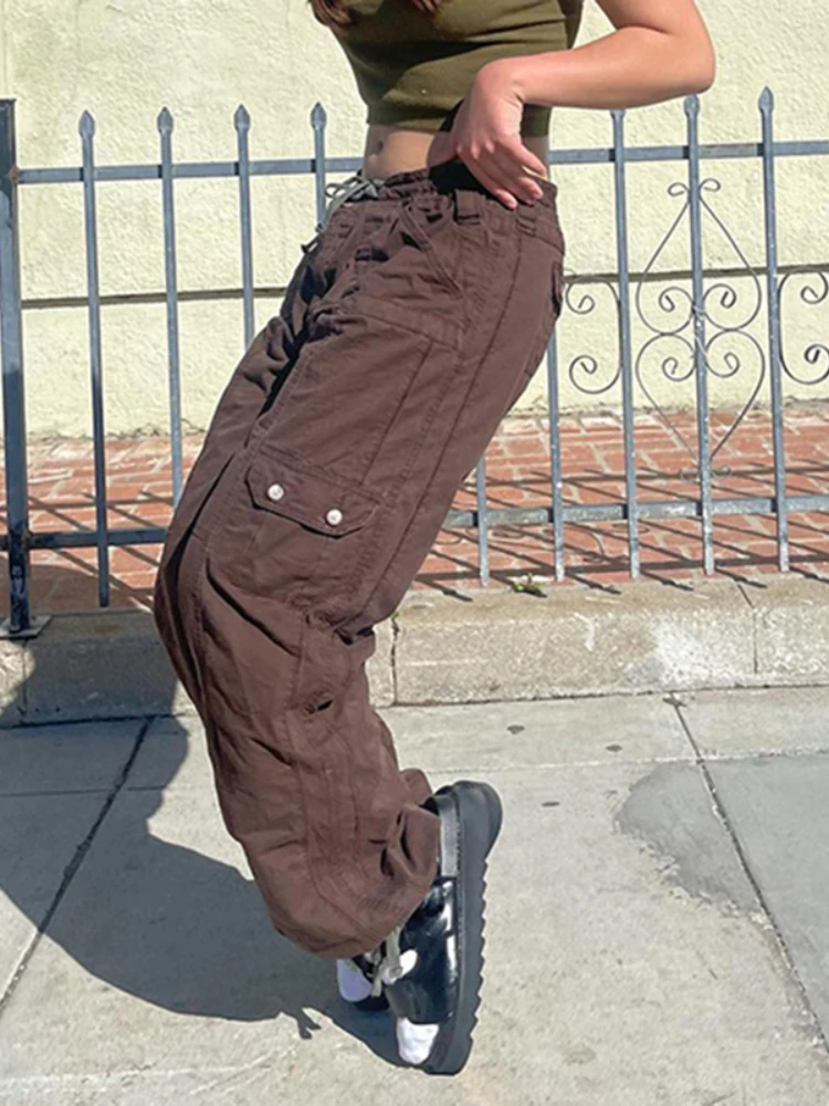 

Джинсы YIKUO женские с заниженной талией, винтажные брюки-карго из денима с карманами, в стиле хиппи, прямые штаны в стиле хиппи, 90-х