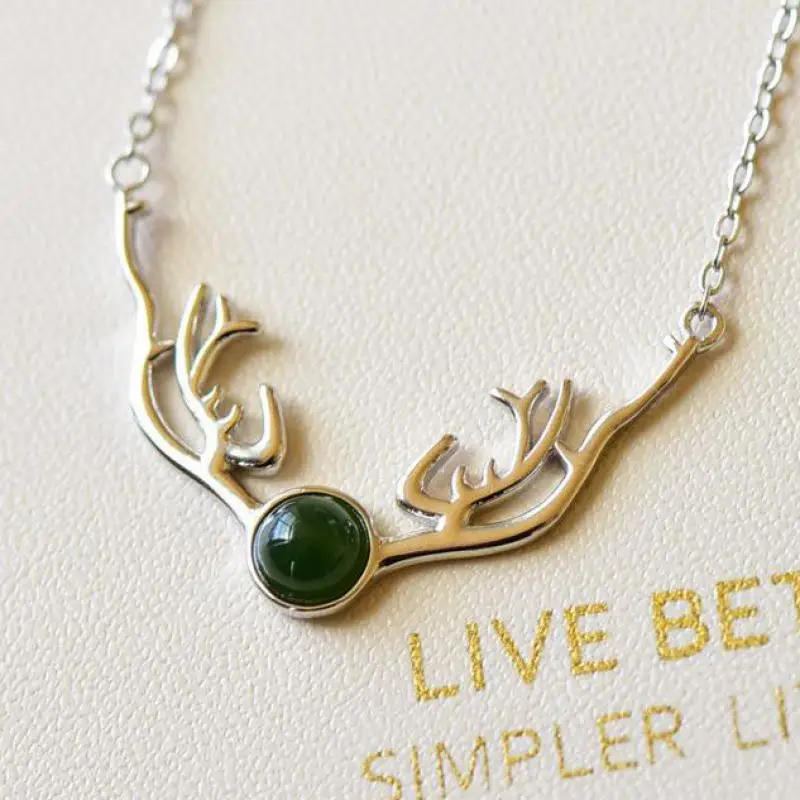 

Natural Green Jade Antler Pendant Necklace Women Jewelry Genuine Hetian Jades Nephrite 925 Sterling Silver Antler Clavicle Chain