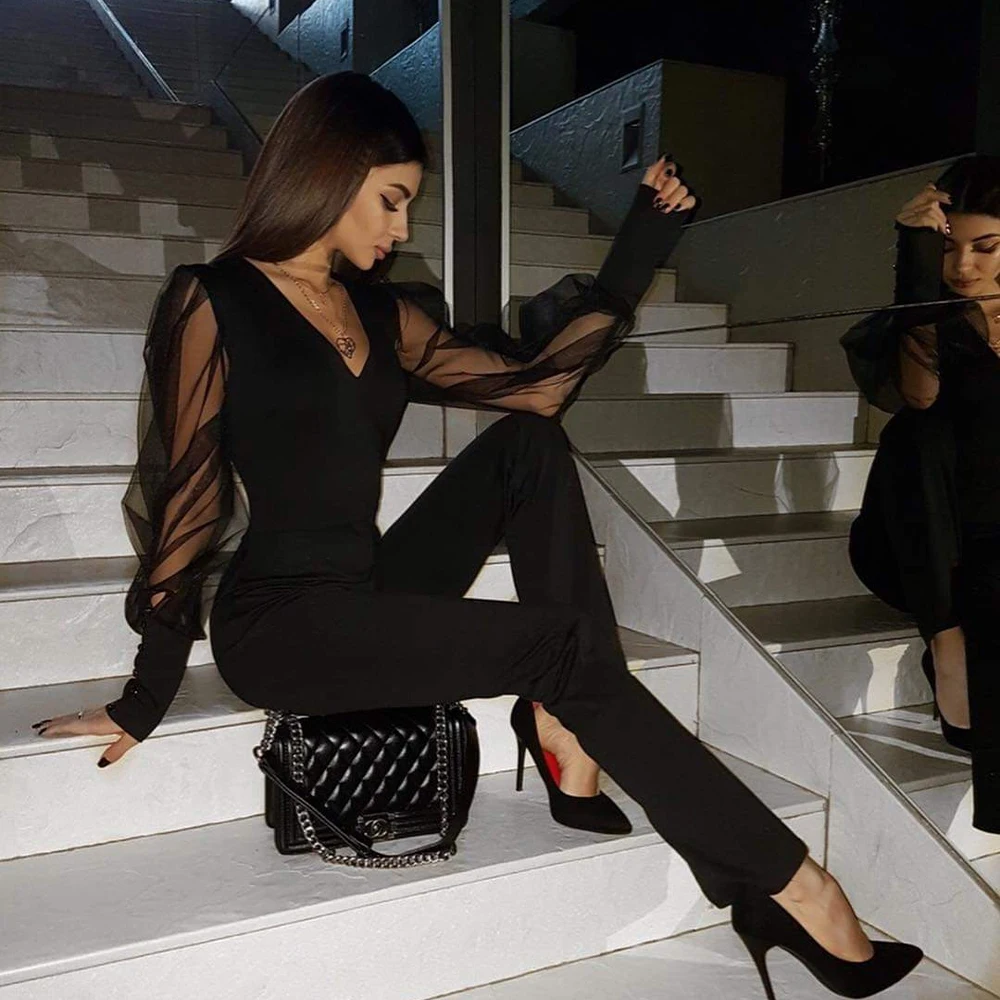 LUOYIYANG Summer Jumpsuit Women Black Jumpsuits Mesh Long Sleeve V Neck Elegant Female Party Overalls Women's Clothing 20222 NEW