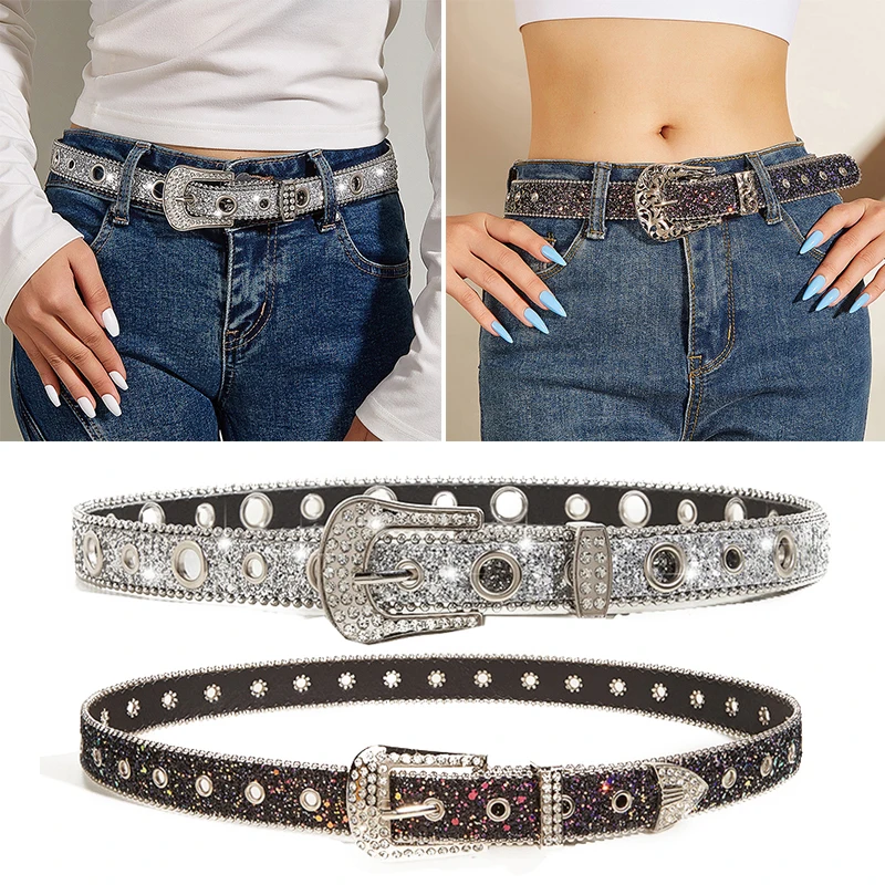 

Женский ремень из искусственной кожи с блестящими кристаллами, ремешок с пряжкой в стиле панк-рок, поясной ремень для корсета, для девушек и женщин