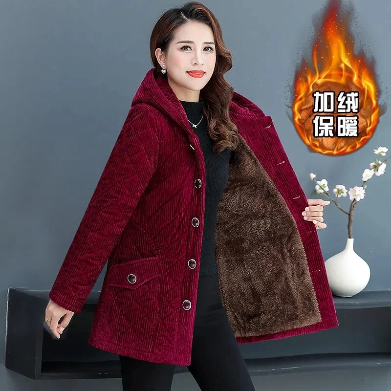 Parkas Women 2022 Winter New Fleece Thicke Corduroy Outerwear Cotton Jacket Female Hooded Padded Coat Clothes Basic Coats