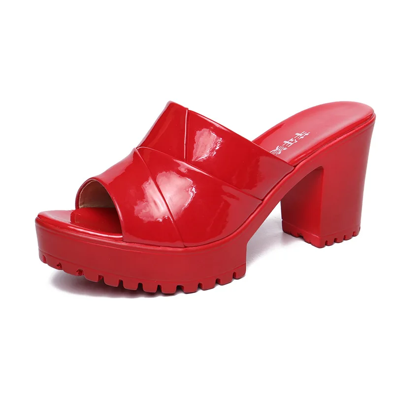 Plus Size 32-43 Patent Leather Shoes Summer Platform Slippers Women 2023 Red Block High Heels Slides for Wedding Office