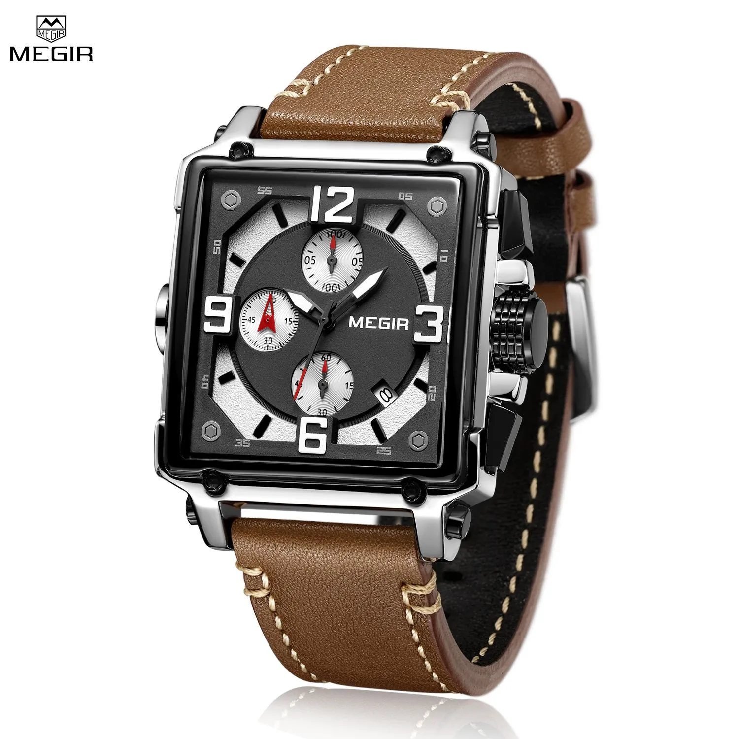 

MEGIR Watch Luxury Men's Watches Rectangle Quartz Military Watches Luminous Waterproof Wristwatch Calendar Male Chronograph 2061