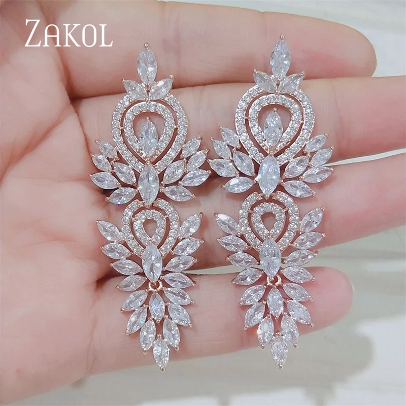 

ZAKOL Luxury Leaf Bridal Earrings for Women Vintage Cubic Zirconia Dangle Earrings Shiny Sliver Color Wedding Party Jewelry