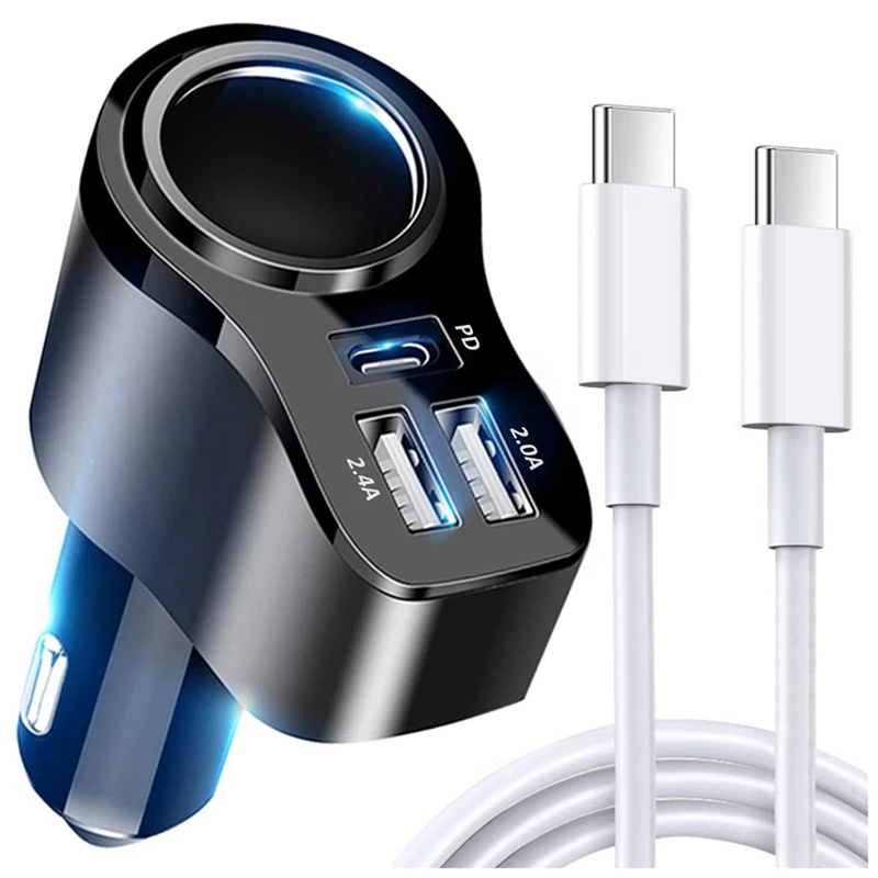 

4 In 1 USB C Car Charger,12V/24V 36W Type C PD 3.0 Lighter Adapter Dual USB Socket Splitter Fast Car Charger With Cables