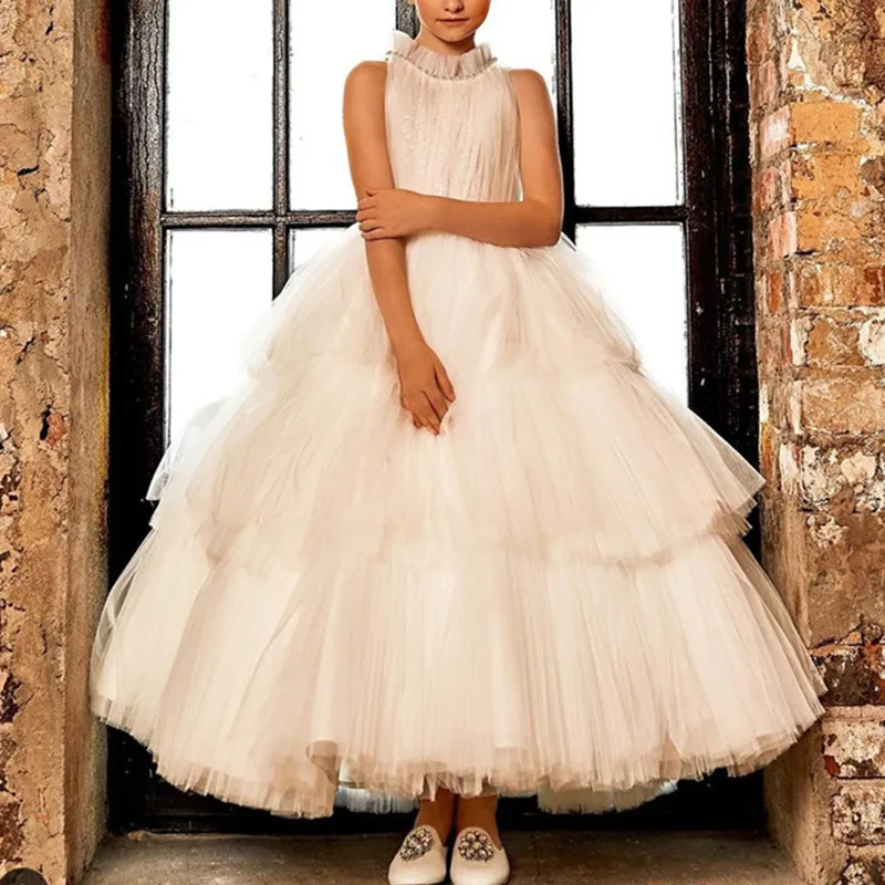

Formal Charming Flower Girl Dresses for Wedding with Pearls High Neck Tulle Primera Tiered First Communion Vestidos De Comunion